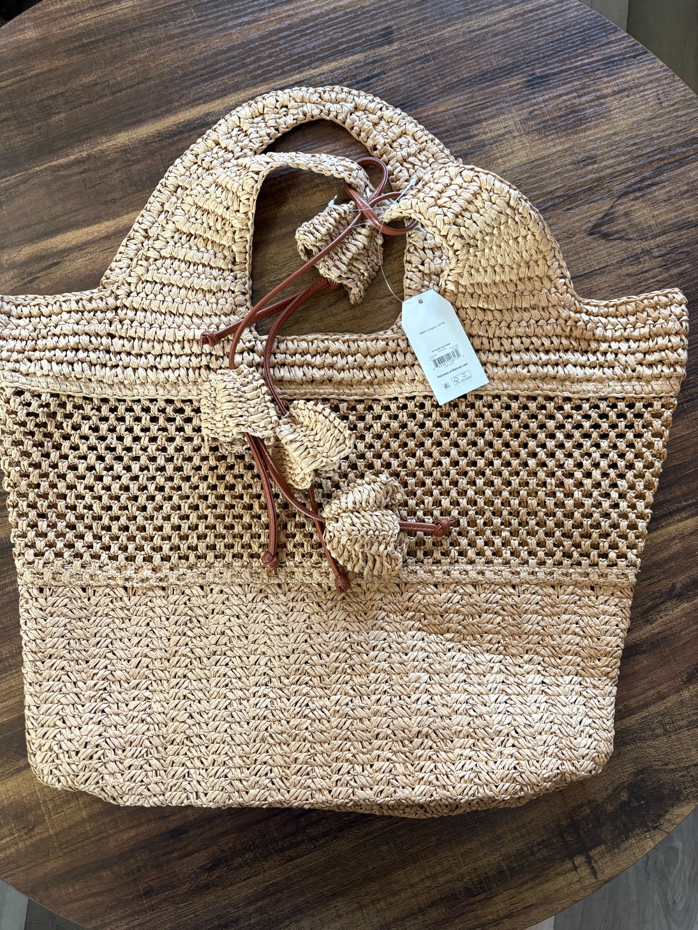 Time and Tru Natural Woven Straw Tote with Brown Drawstring Accents